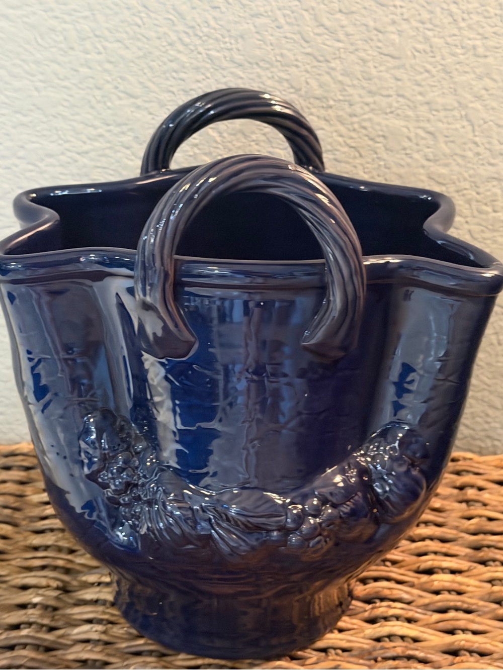 Made in Italy Cobalt Blue Ceramic Basket Cachepot Twisted Handles Fruit Relief